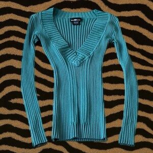 2000s Turquoise “It’s Our Time” Fitted Ribbed Long Sleeve Shirt – Size Large